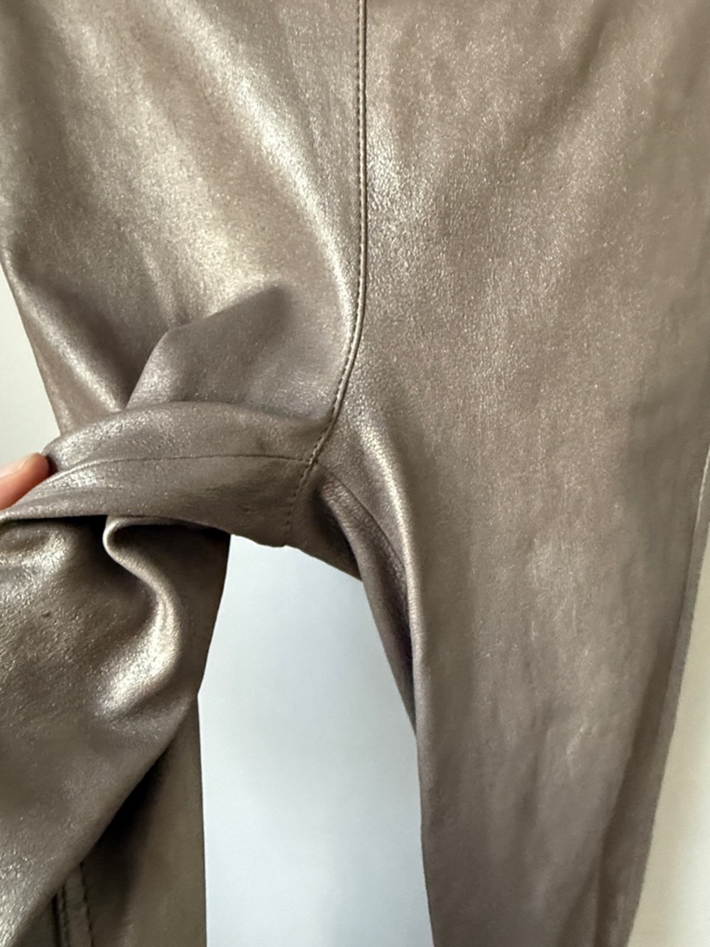 AllSaints Metallic Taupe-Look Lamb Leather Leggings Low rise Pants 4 Moto Tights - Picture 6 of 7